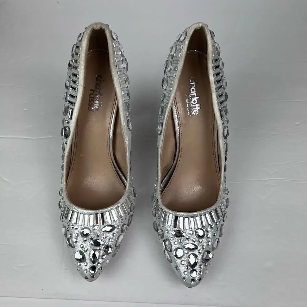 Charlotte Russe Elsa Heels Silver Studded Rhinestone Embellished 4.5 Heel Size 8
